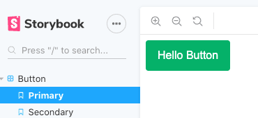 Green button rendered in Storybook